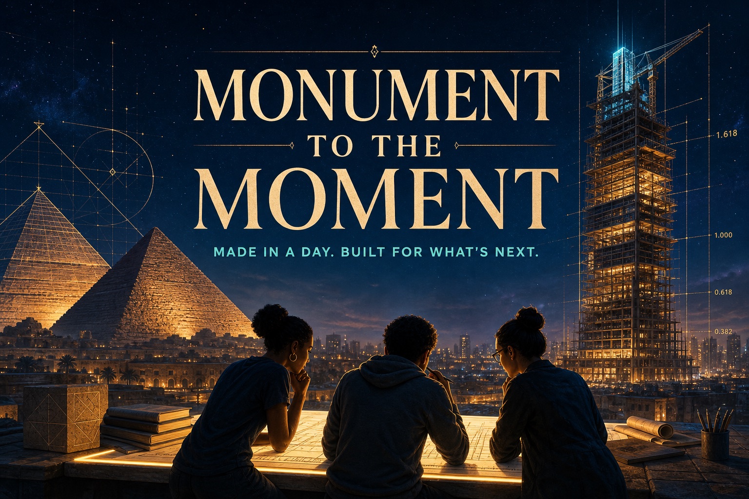 Three students thinking over architectural plans, with Egyptian pyramids behind them and a modern tower under construction rising into the night sky.
